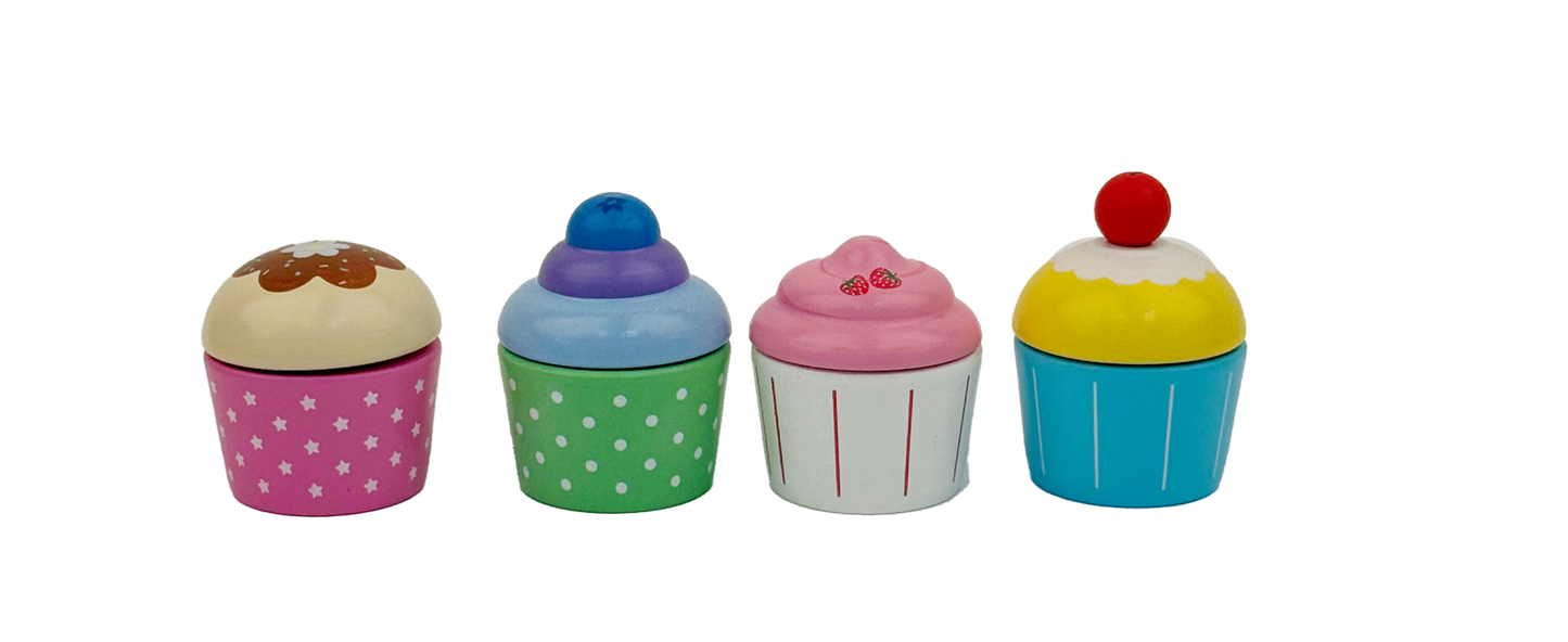 Four colorful cupcake-shaped erasers on a white background
