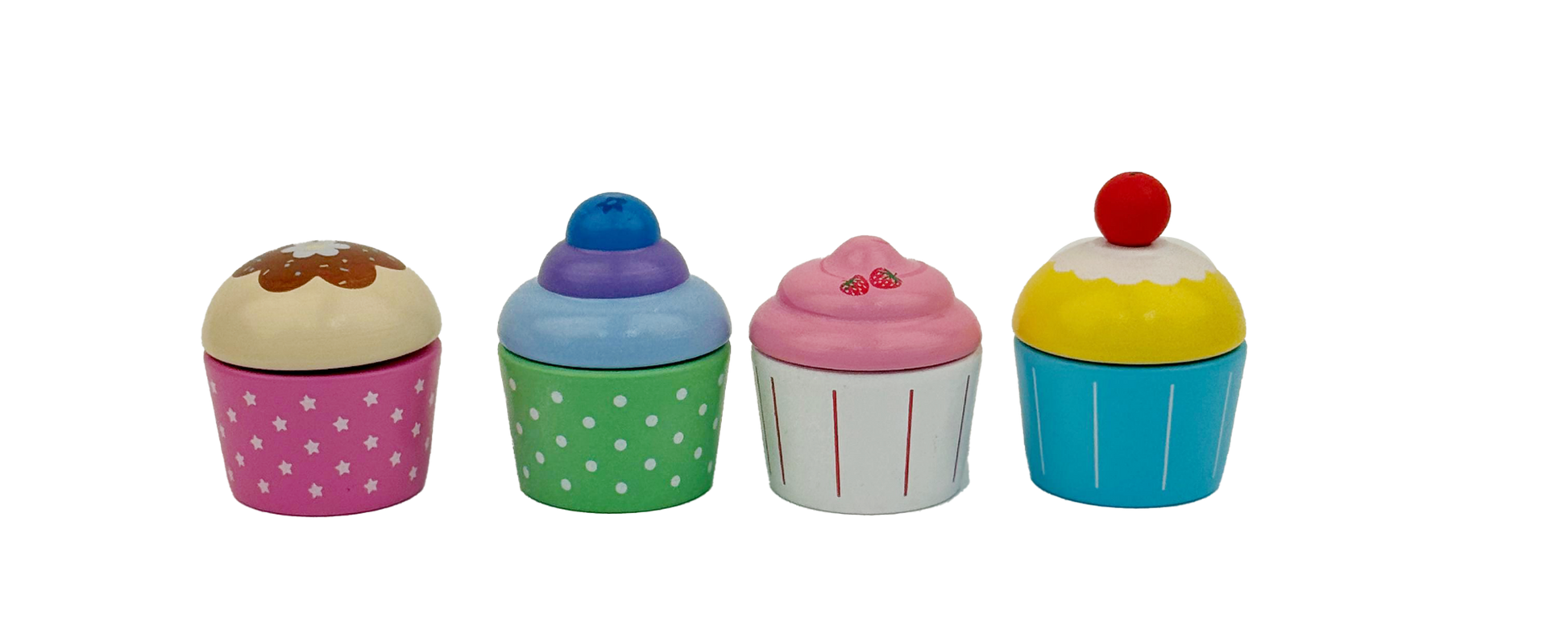 Four colorful cupcake-shaped erasers on a white background