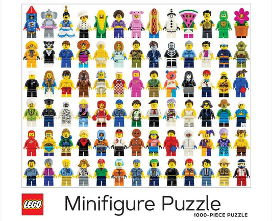 LEGO minifigure puzzle packaging with various figures on a white background