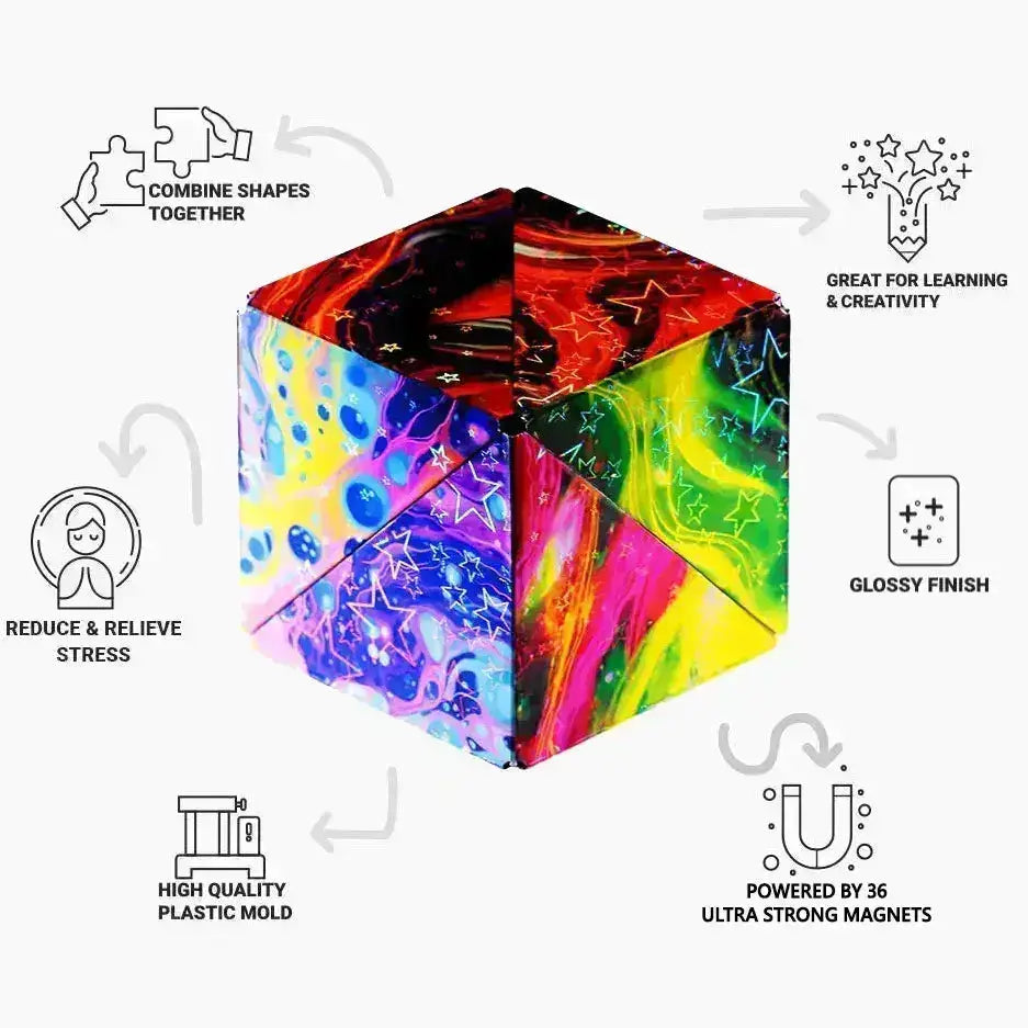 Colorful puzzle cube with text describing its features on a white background
