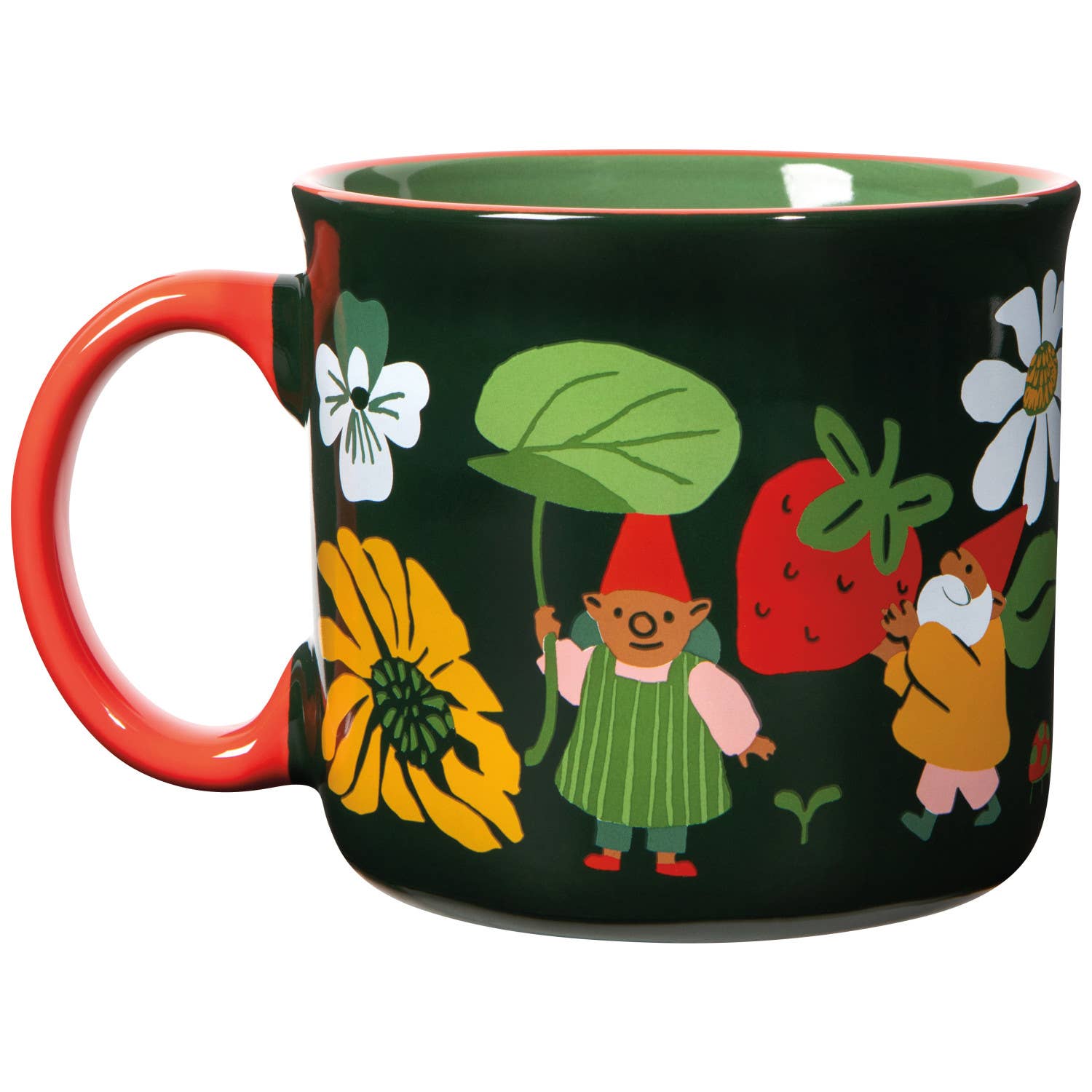 Mug with garden-themed design featuring gnomes and flowers on a white background