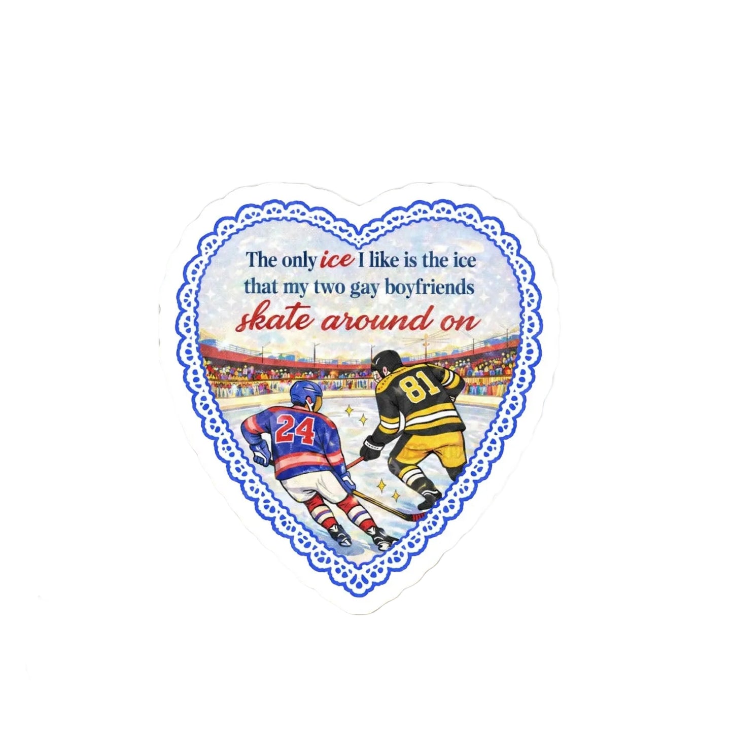 Heart-shaped sticker with hockey players and text 