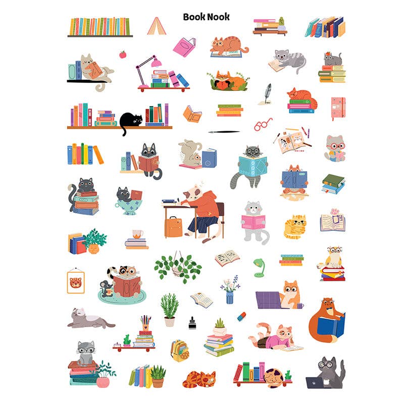 Collection of cartoon-style illustrations featuring cats and books with 'Book Nook' branding.