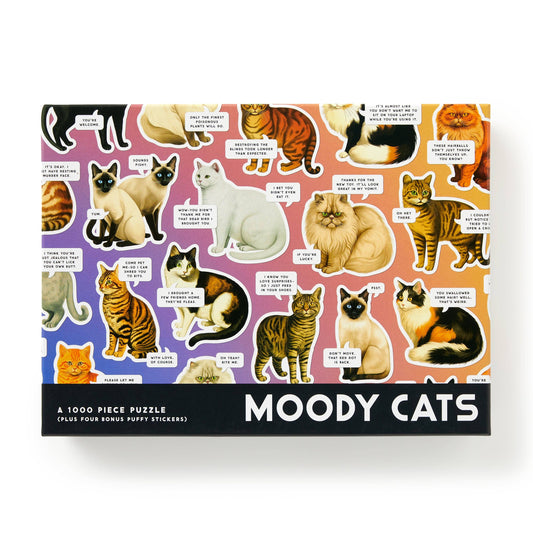 Puzzle box titled 'Moody Cats' with cat illustrations on a white background