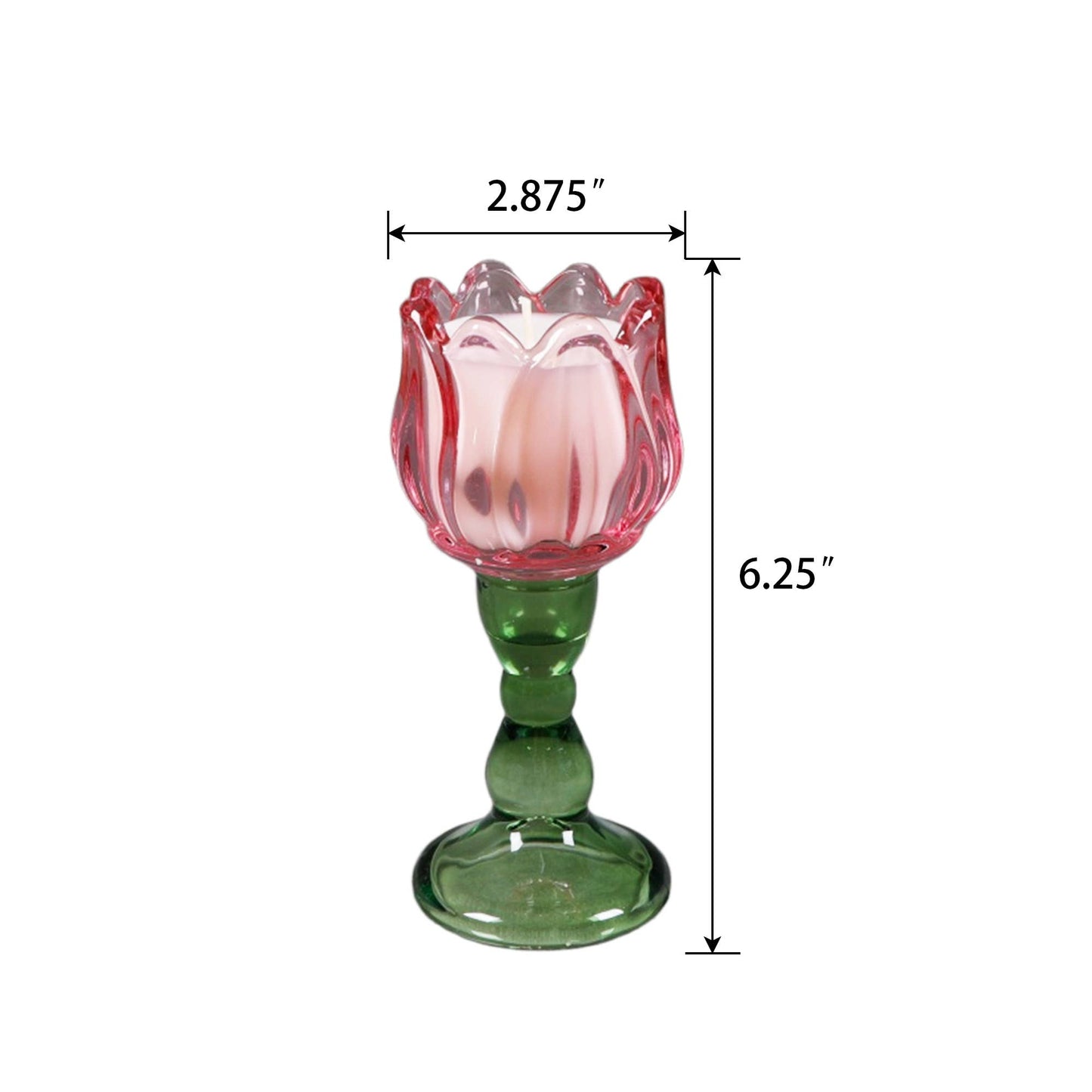 Glass tulip shaped candle with dimensions labeled on a white background (6.25” Height x 2.875” Width)