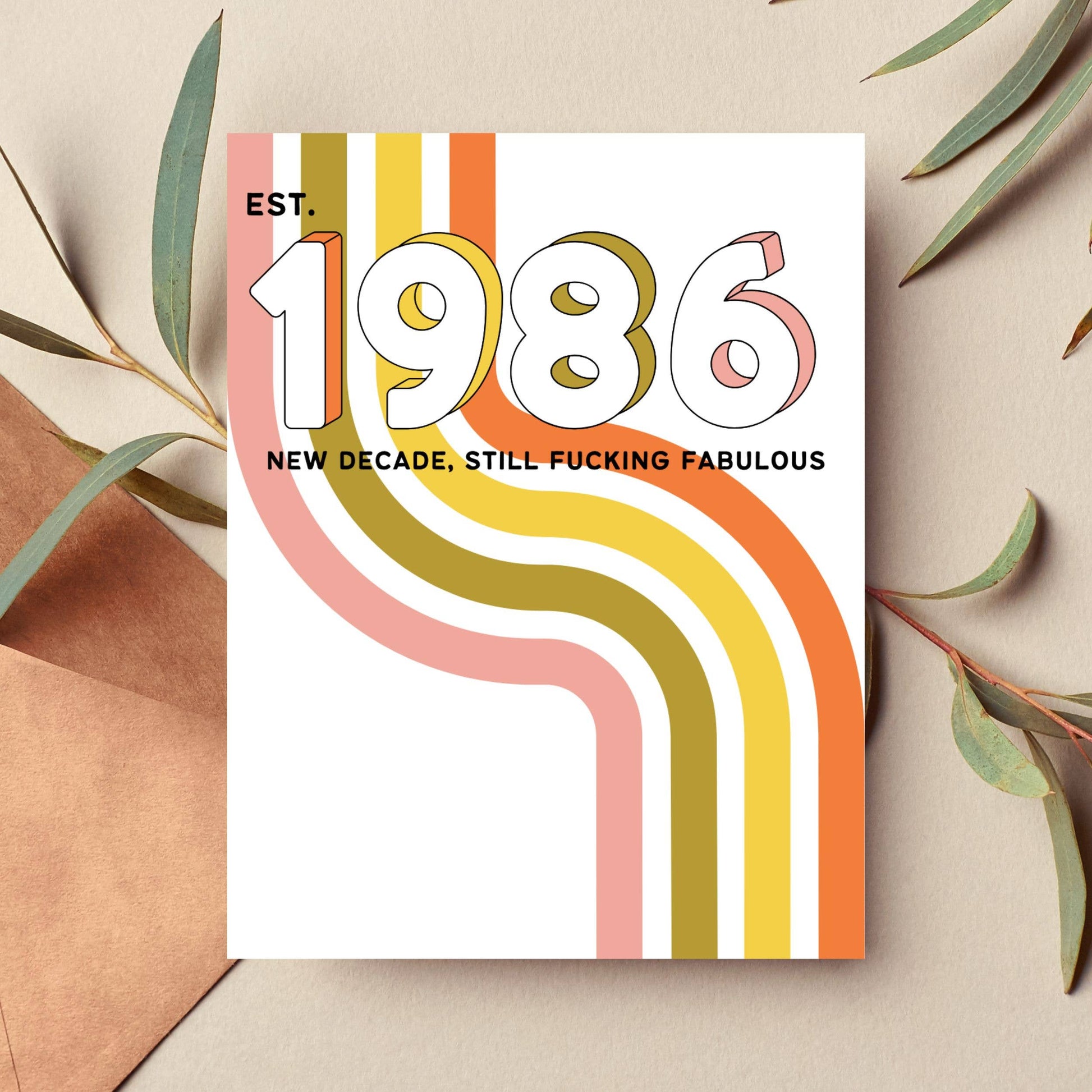 Greeting card with 'EST. 1986' design on a beige background