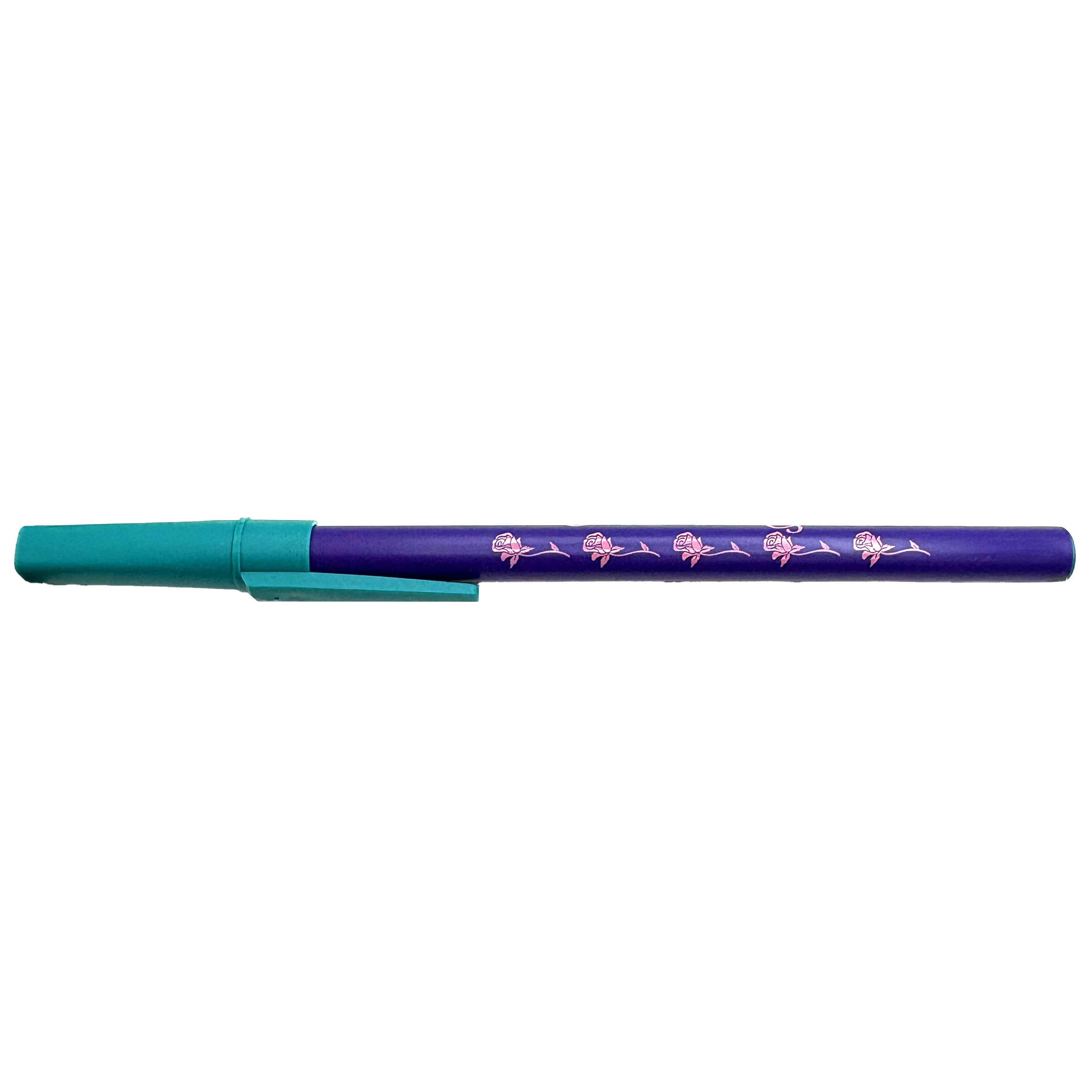 Purple and teal pen with floral designs on a white background