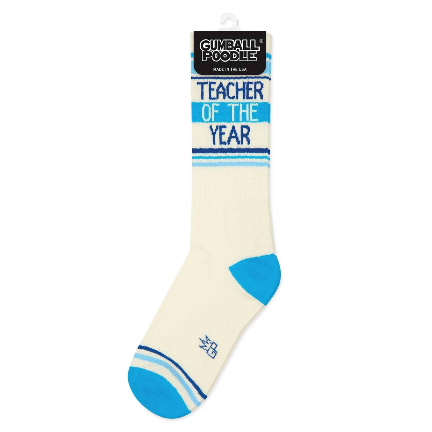 Sock with 'Teacher of the Year' text and Gumball Poodle branding on a white background