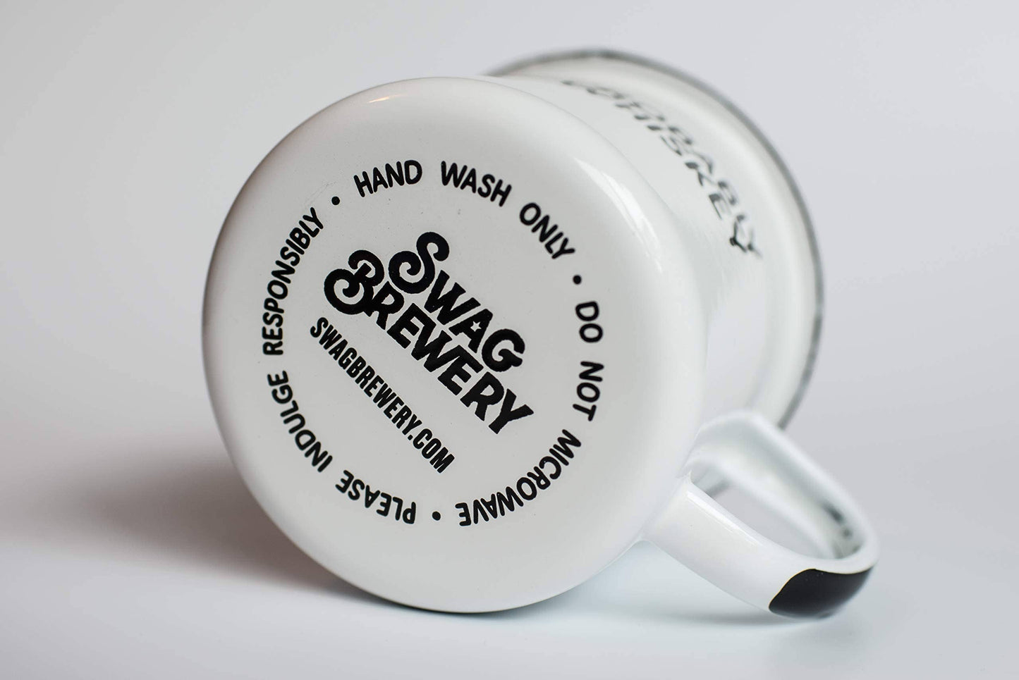 White mug with 'Swag Brewery' branding and text on a light gray background