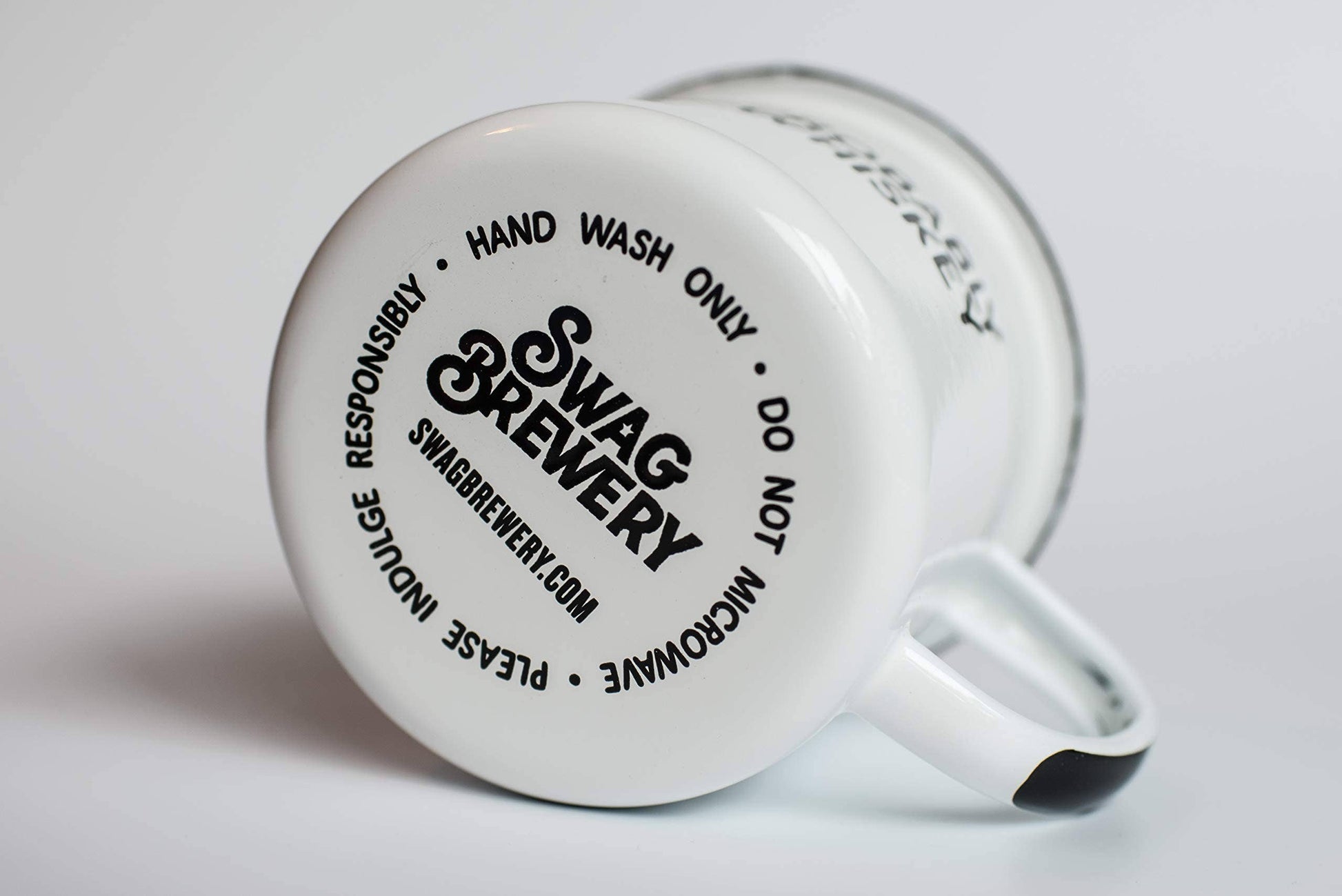 White mug with 'Swag Brewery' branding and text on a light gray background