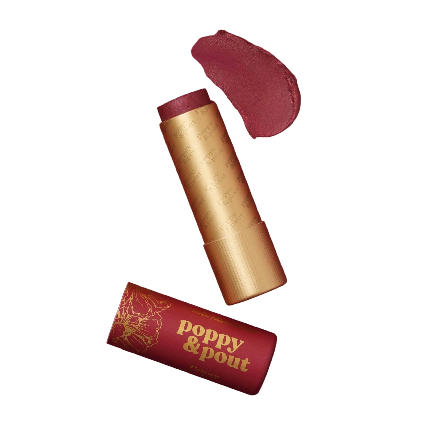 Lip balm with gold tube and red container labeled 'poppy & pout' on a white background