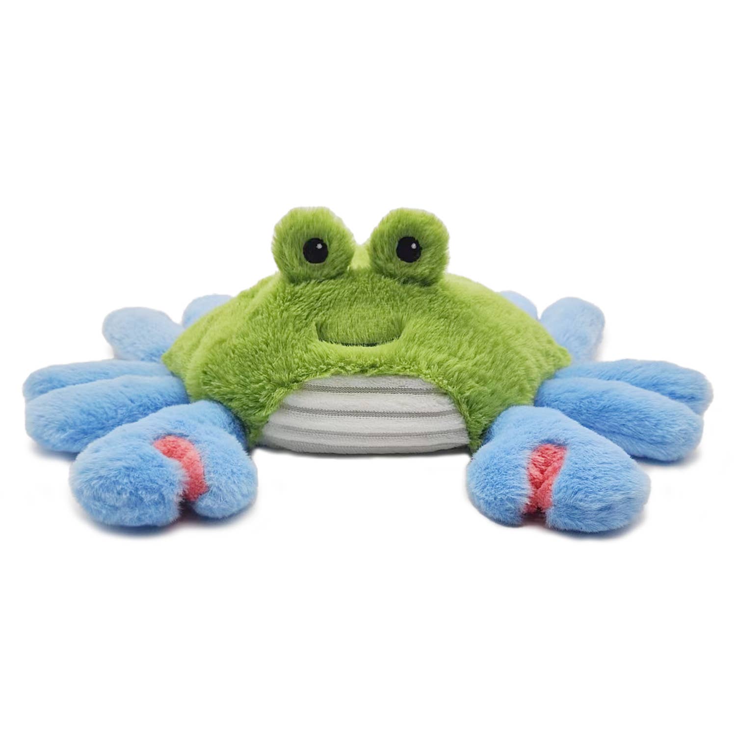 Plush crab Warmies with green body and blue legs on a white background