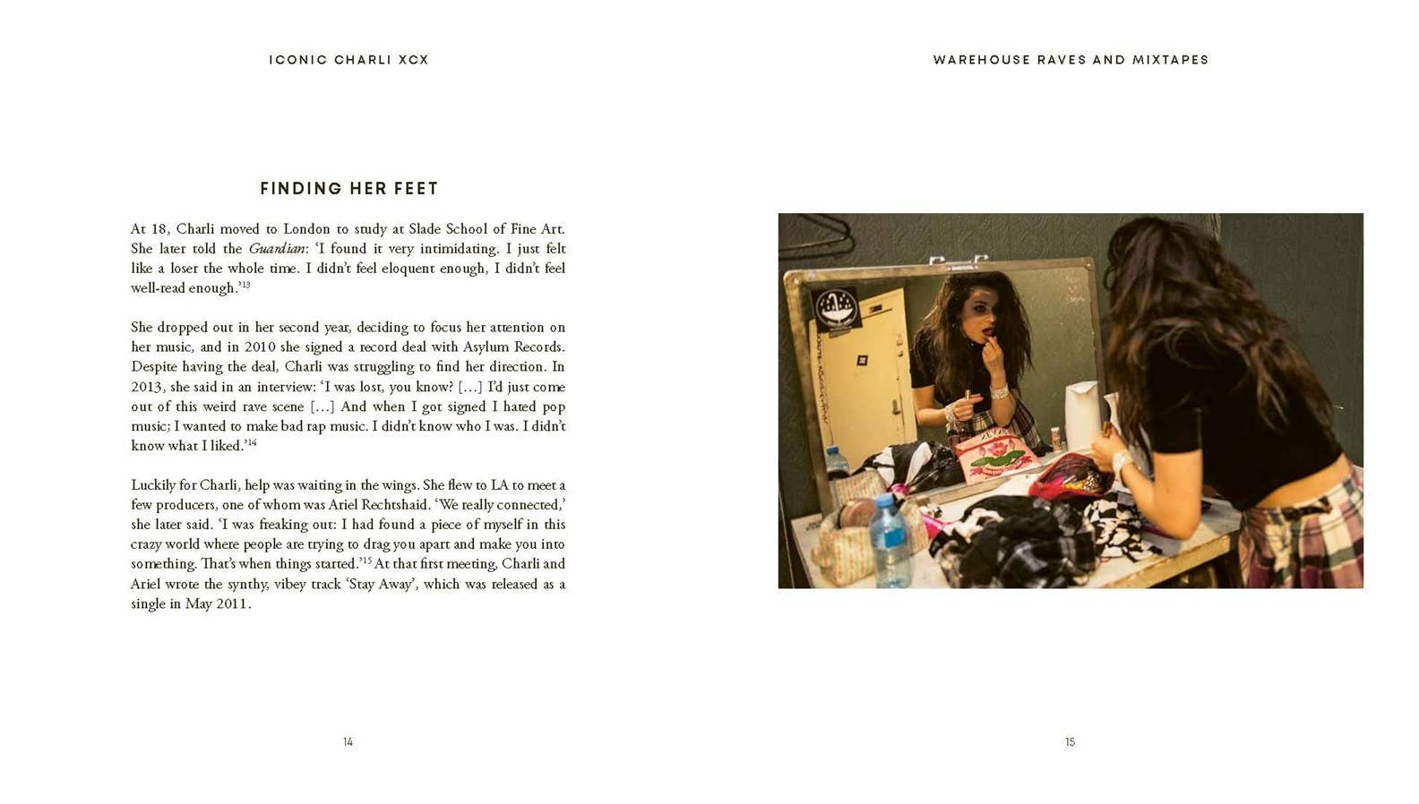 Page from a book or magazine with text on the left and a photo of a person in a room on the right.