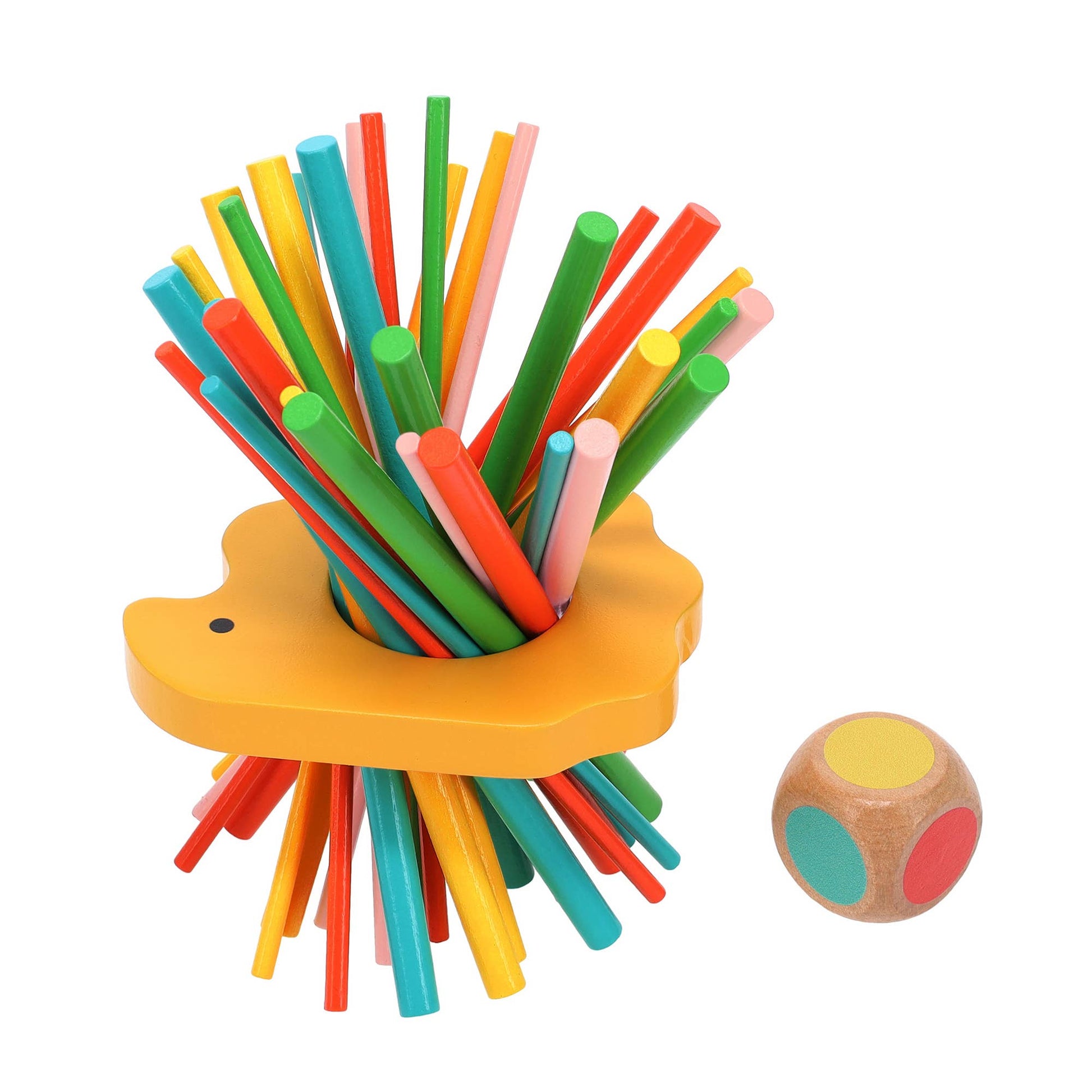 Colorful wooden pegs in a holder with a small wooden ball on a white background