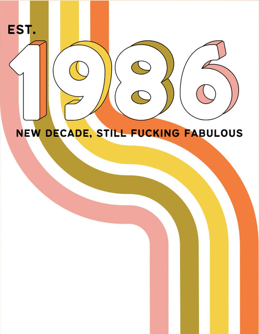 Card with '1986' design and text on a beige background
