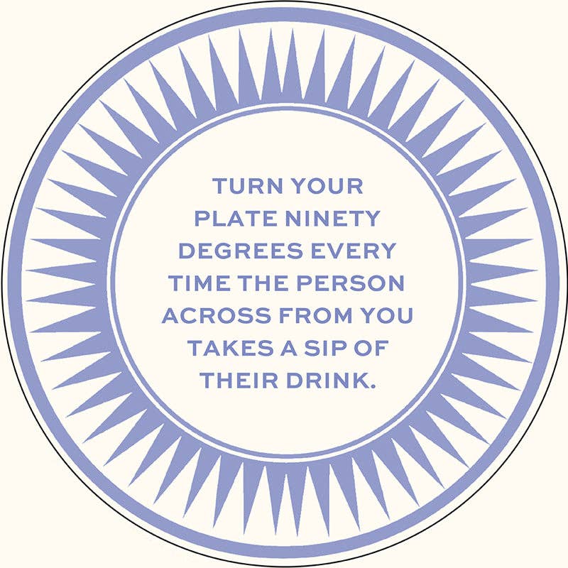 Circular plate with blue decorative border and text message on a white background