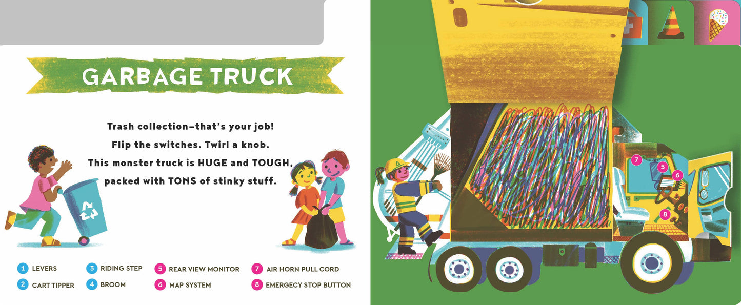 Illustrated book page about a garbage truck with colorful graphics and text.