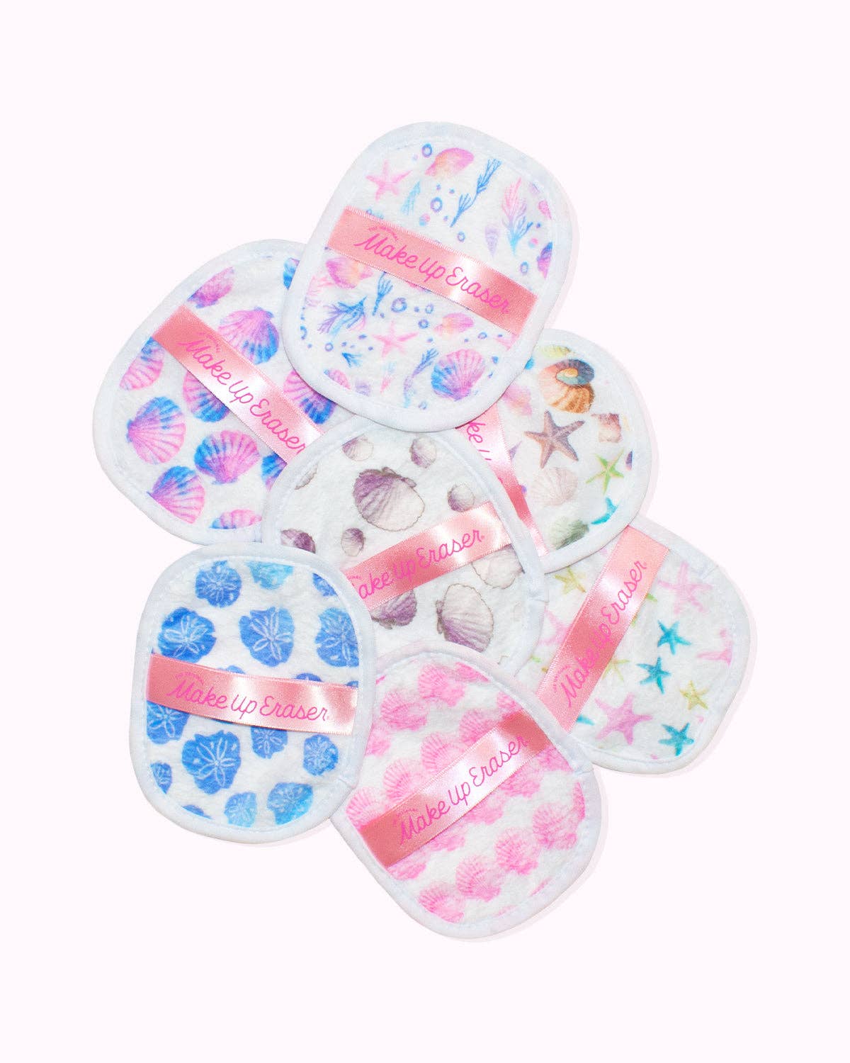 Makeup eraser with colorful designs on a white background