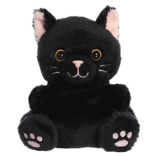 Front view of a black cat stuffed animal made by Palm Pals on a white background.