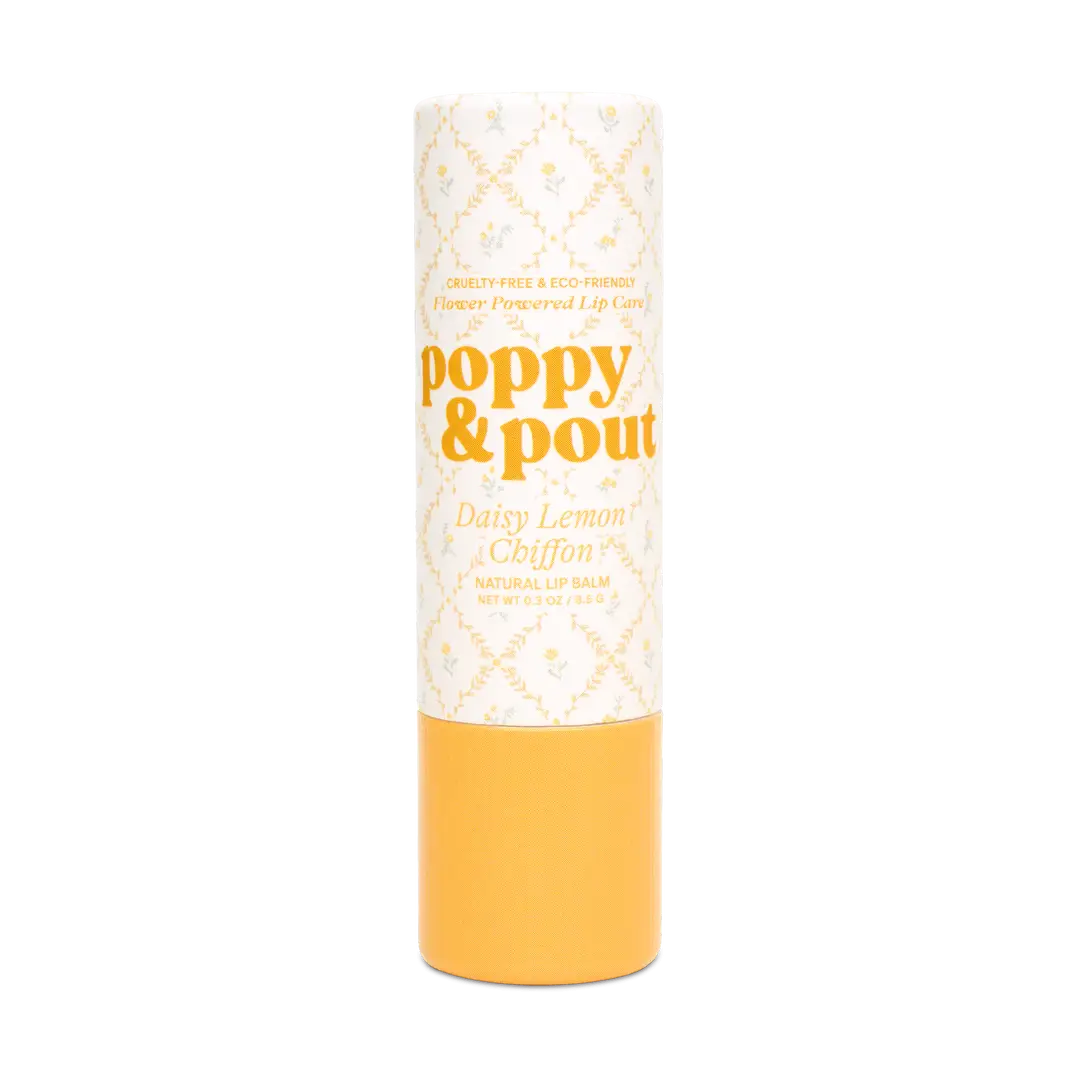 Lip balm with 'Poppy & Pout' branding on a white background