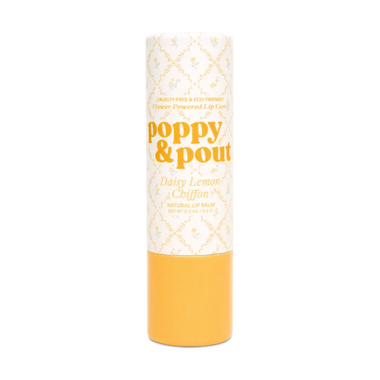 Lip balm with 'Poppy & Pout' branding on a white background