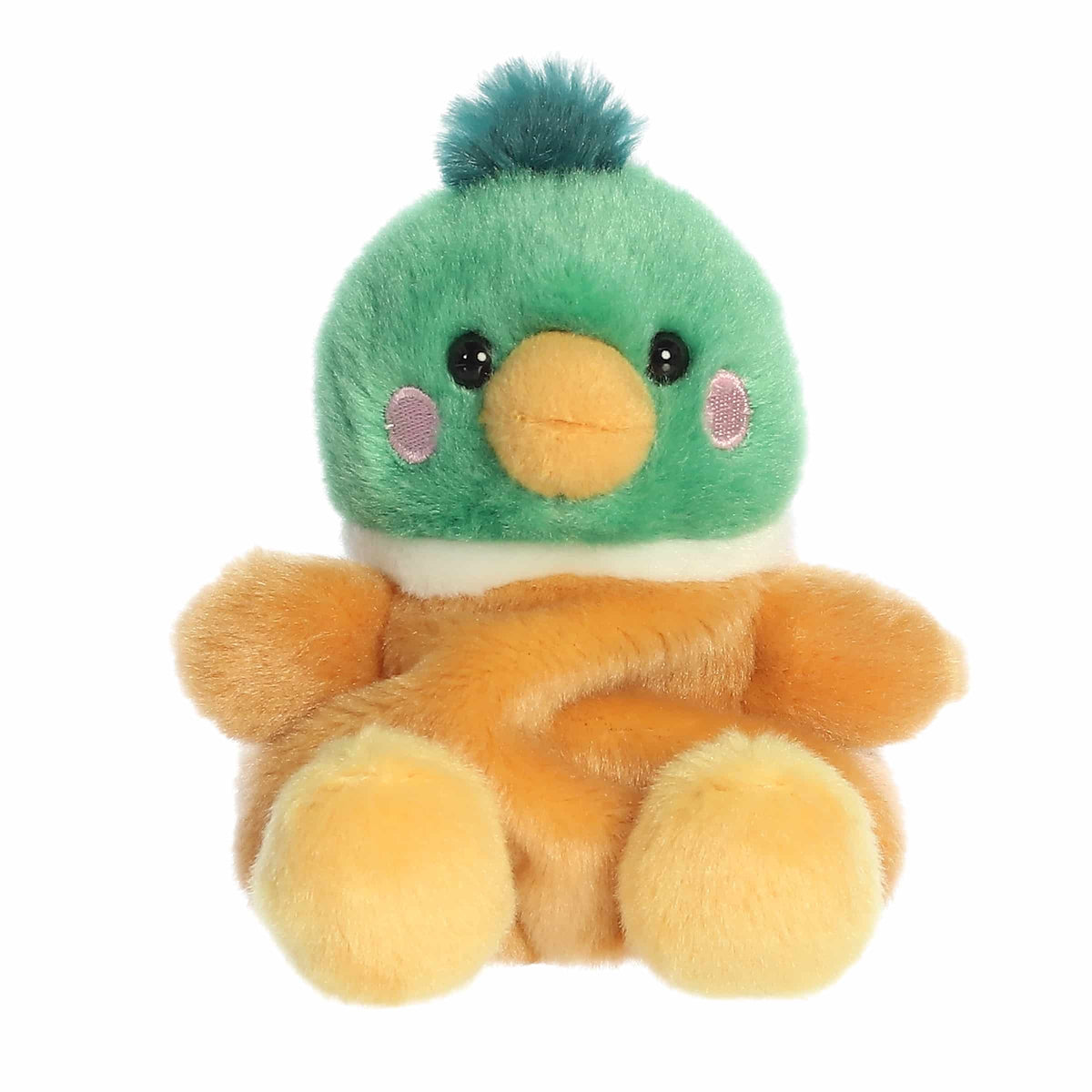 Front view of a mallard duck stuffed animal made by palm pals on a white background.