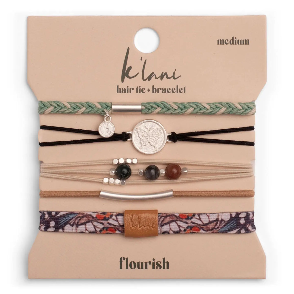 Front of K'lani's "Flourish" hair tie bracelets packaging on a white background.