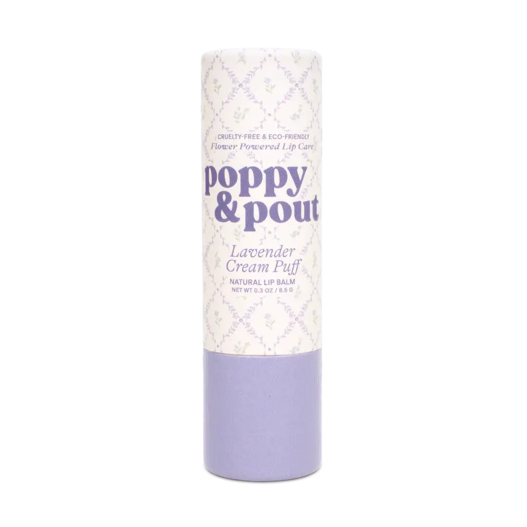 Lip balm tube labeled 'Poppy & Pout' with lavender color on a white background