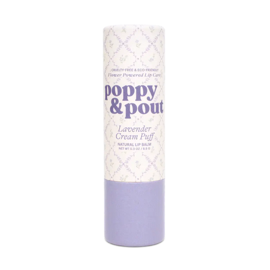 Lip balm tube labeled 'Poppy & Pout' with lavender color on a white background