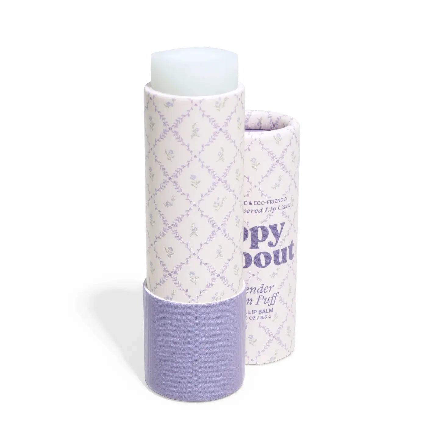 Lip balm with a purple and white design on a white background