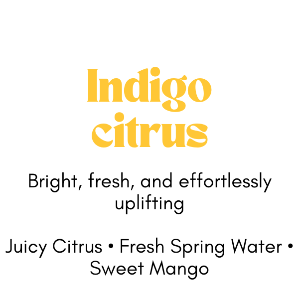 Scent description for Indigo Citrus- Bright, fresh, and effortlessly uplifting
Juicy citrus, Fresh Spring Water, Sweet Mango
