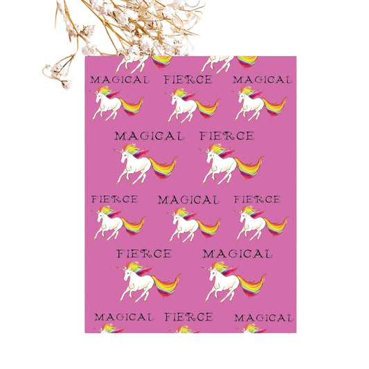 Card with unicorn illustrations and text on a pink background, surrounded by decorative elements.