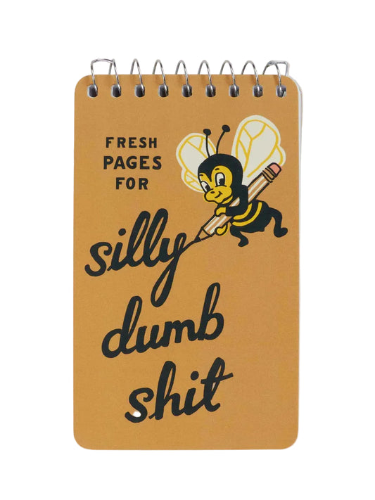 Notebook with a bee illustration and text on a white background