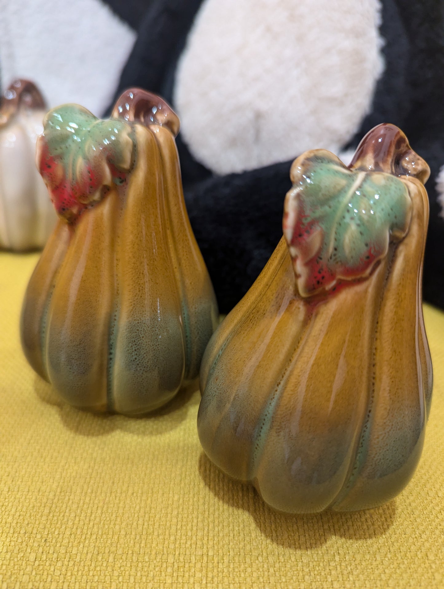 Caramel and Green Ceramic Pumpkin with Leaf Detail