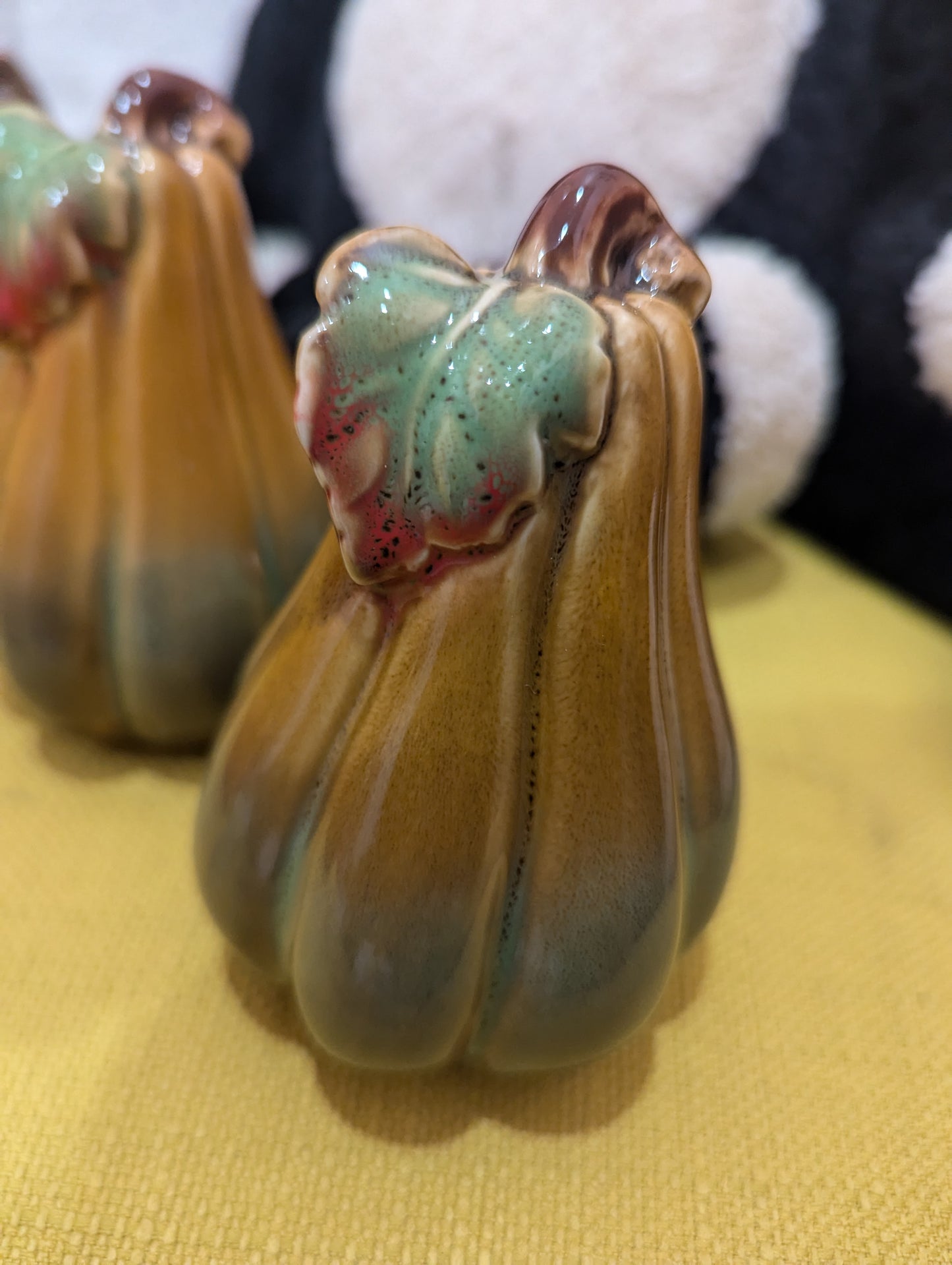 Caramel and Green Ceramic Pumpkin with Leaf Detail