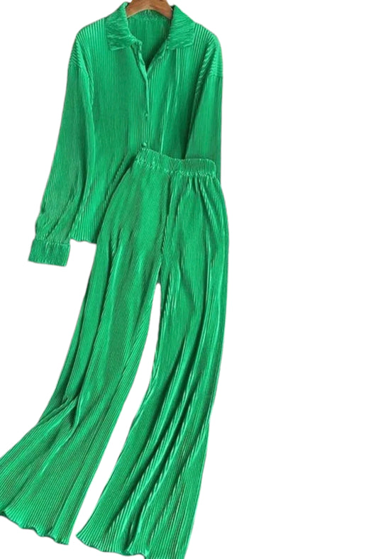 Green Plisse Wide Leg Pant/Pyjama Set