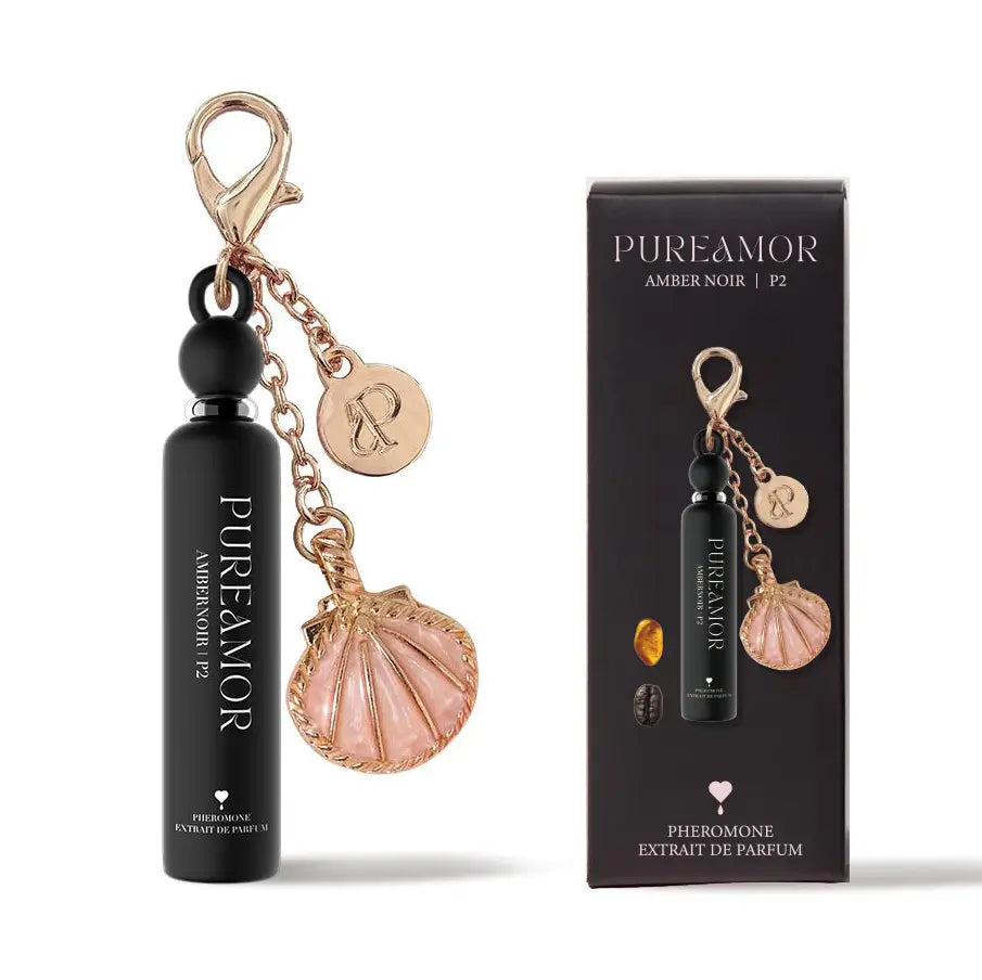 PUREAMOR amber noir perfume keychain with packaging on a white background