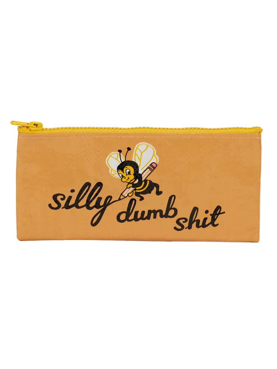 Pouch with bee design and text on a white background