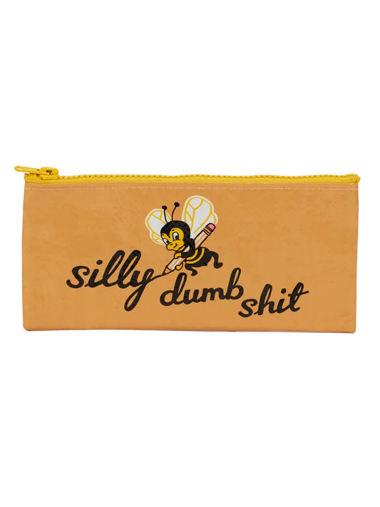 Pouch with bee design and text on a white background