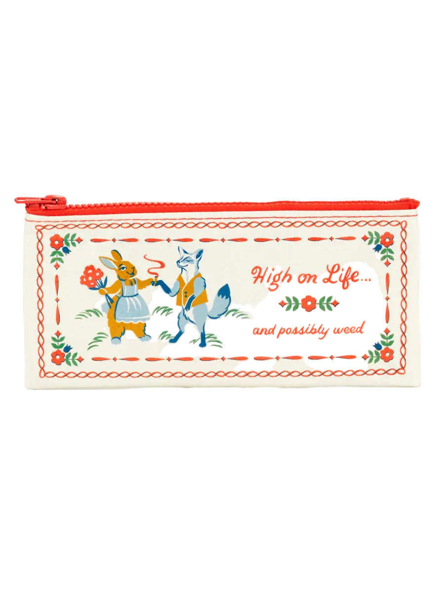 Pouch with cartoon characters and text on a white background