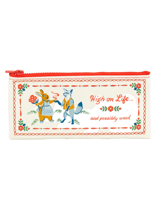 Pouch with cartoon characters and text on a white background