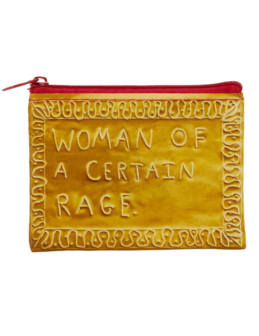 Yellow pouch with 'Woman of a Certain Rage' text on a white background