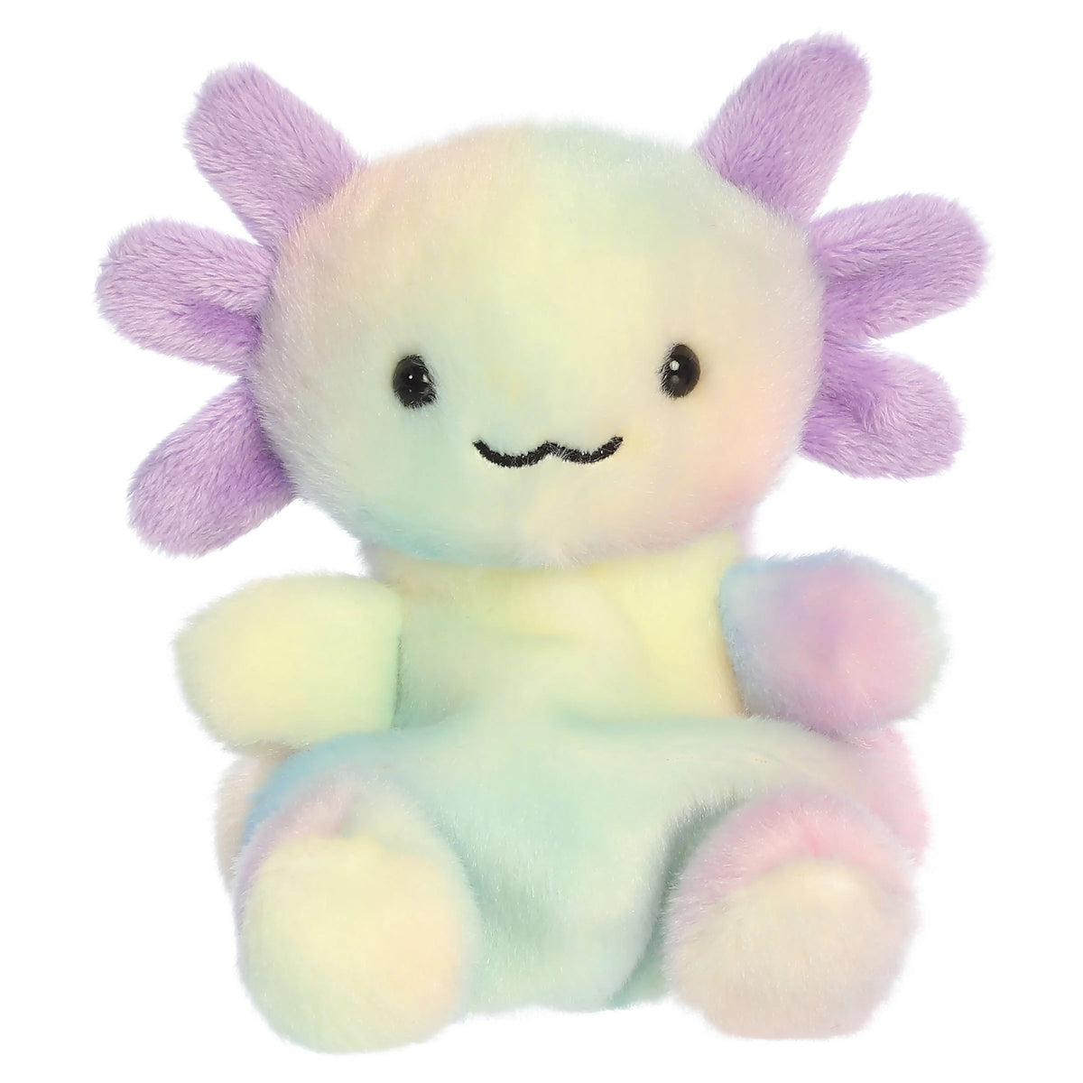 The front of a pastel rainbow stuffed animal made by Palm Pals on a white background.