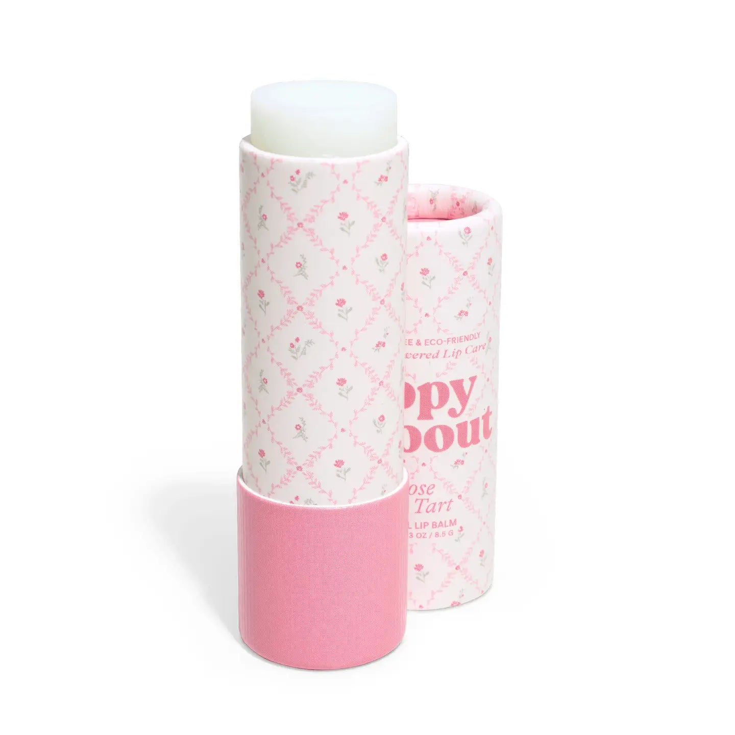 Pink lip balm with a white cap on a white background