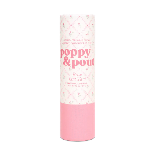 Pink lip balm tube with 'poppy & pout' branding on a white background