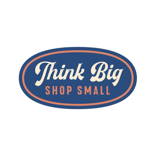 Oval logo with 'Think Big Shop Small' text on a white background