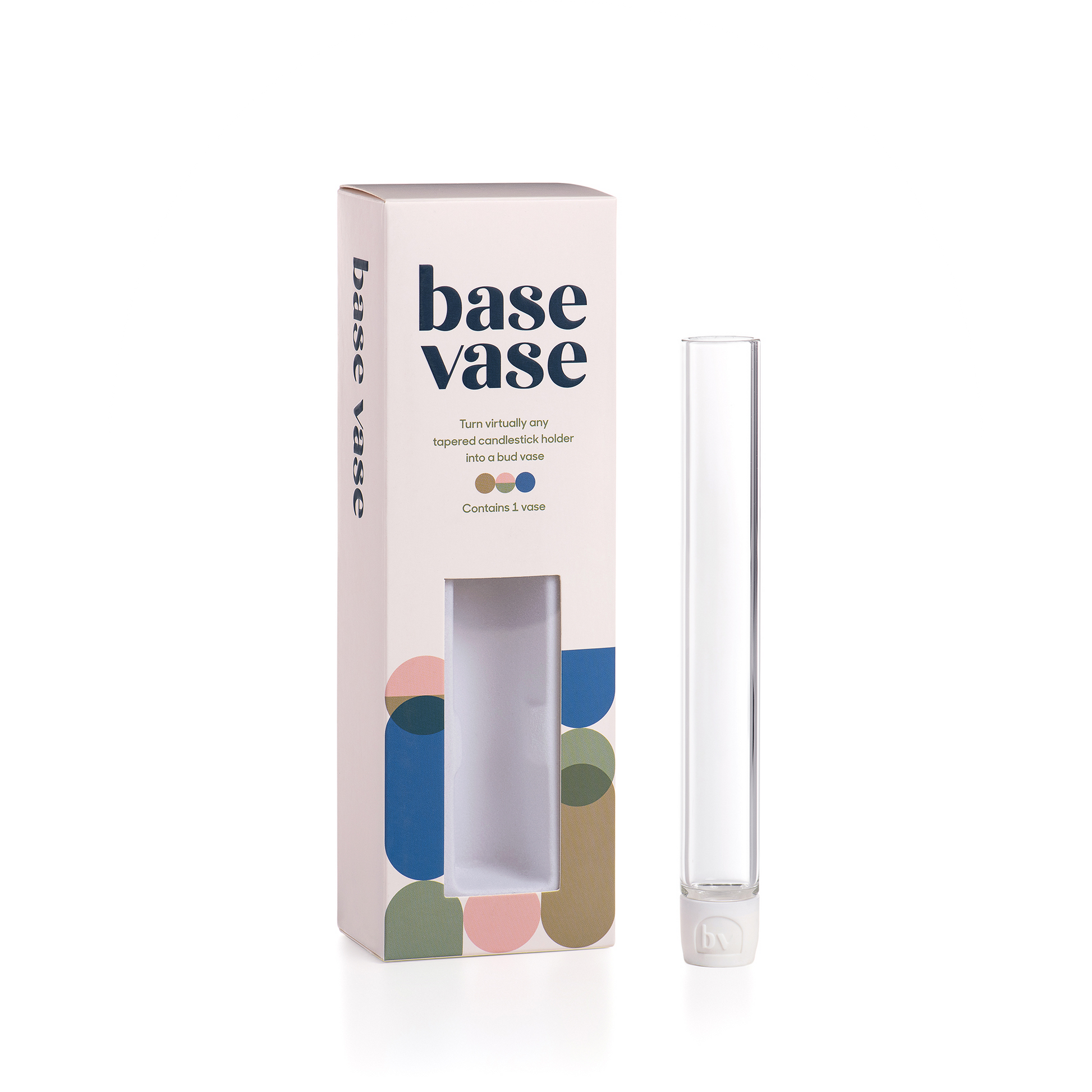 Clear glass vase with packaging labeled 'base vase' on a white background