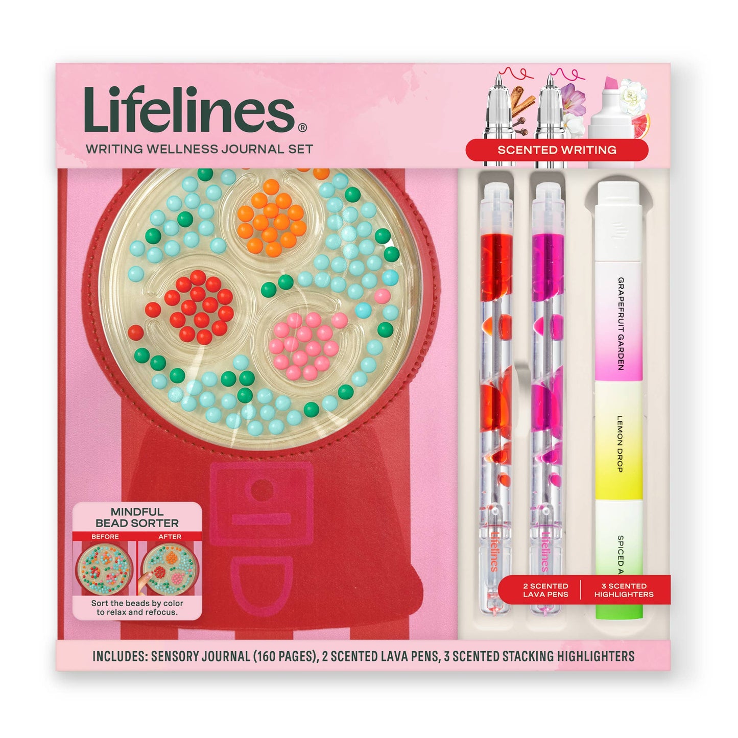 Lifelines writing wellness Gumball Journal set that includes a journal with a gumball-style fidget cover, 2 lava pens (pink and red) and scented highlighters (pink, yellow, and green) on a white background