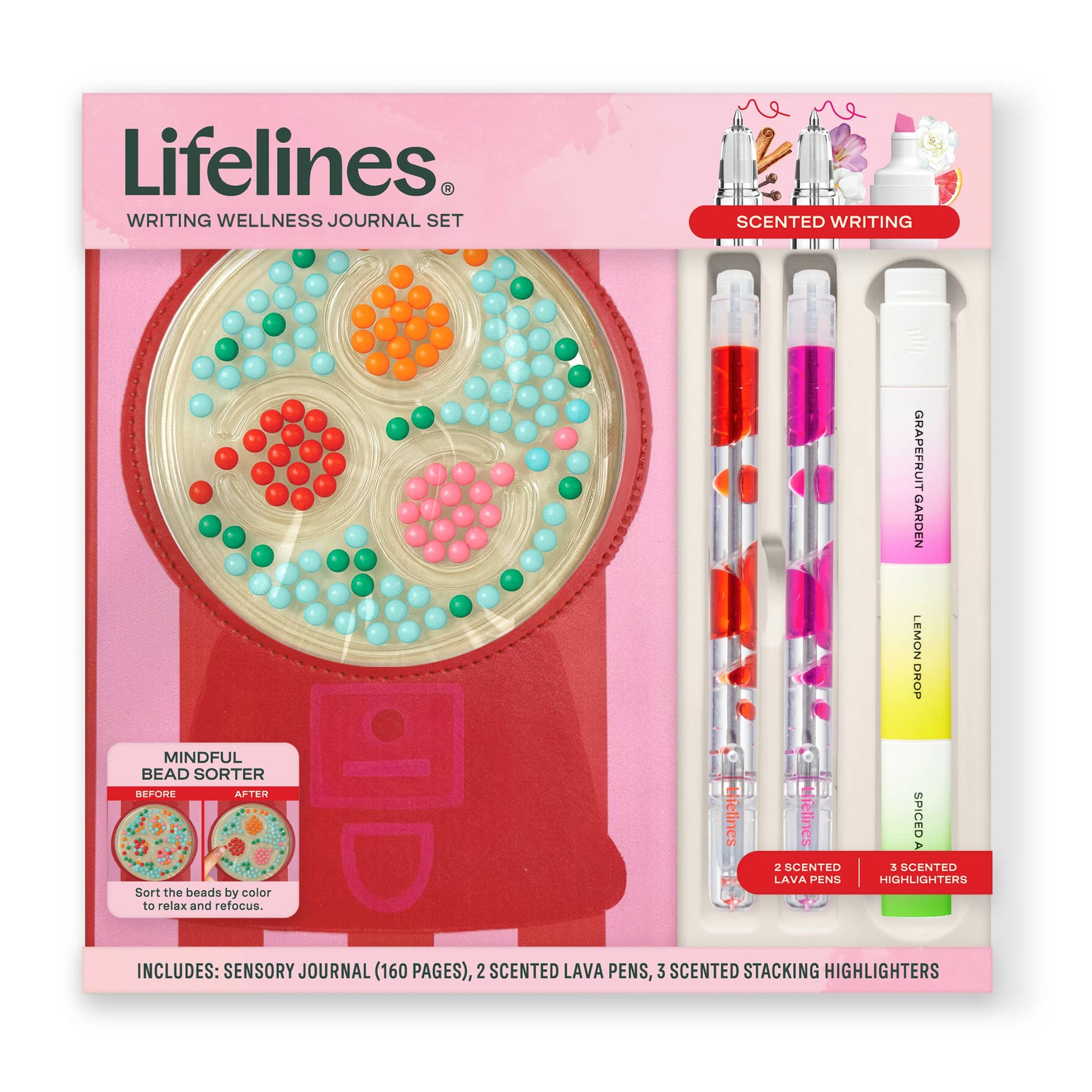 Lifelines writing wellness Gumball Journal set that includes a journal with a gumball-style fidget cover, 2 lava pens (pink and red) and scented highlighters (pink, yellow, and green) on a white background