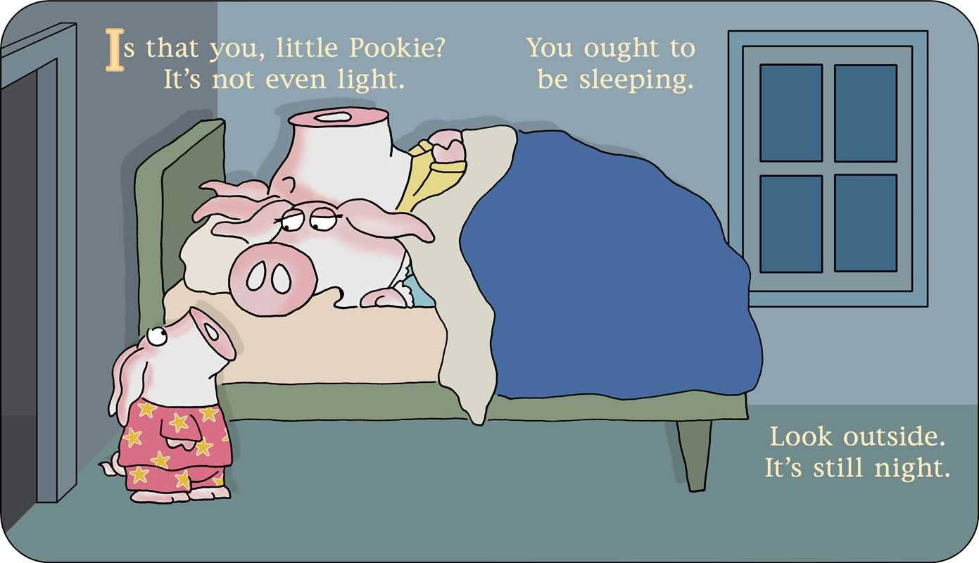 Cartoon pig waking up his mom in bed, with text that reads "Is that you, little ookie? It's not even light. You ought to be sleeping. Look outside. It's Still night"